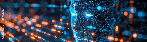 Futuristic AI face concept with glowing digital lines and dots, representing artificial intelligence and technology advancements in a cyber world.