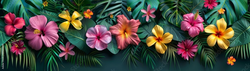 Fototapeta premium Exotic tropical flower blossoms with vivid colors and lush greenery, tropical flowers
