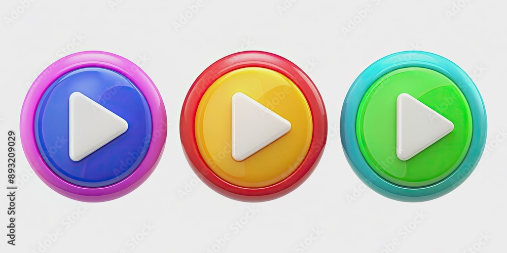 Colorful play button icons in various forms, arrows, and shapes ...