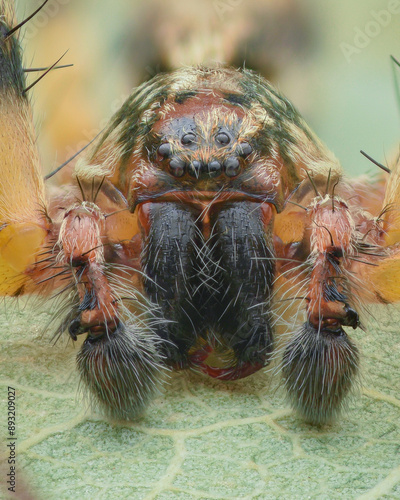 Portrait of a male Buzzing Spider (Anyphaena accentuata) with red fangs on green background photo