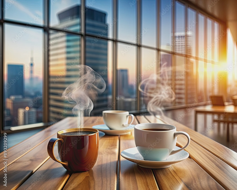 Steaming mugs of coffee and tea are prominently displayed on a polished wooden table, foregrounding focus in a blurred business setting of corporate office atmosphere. Steaming mugs of coffee and tea are prominently displayed on a polished wooden table, foregrounding focus in a blurred business setting of corporate office atmosphere.