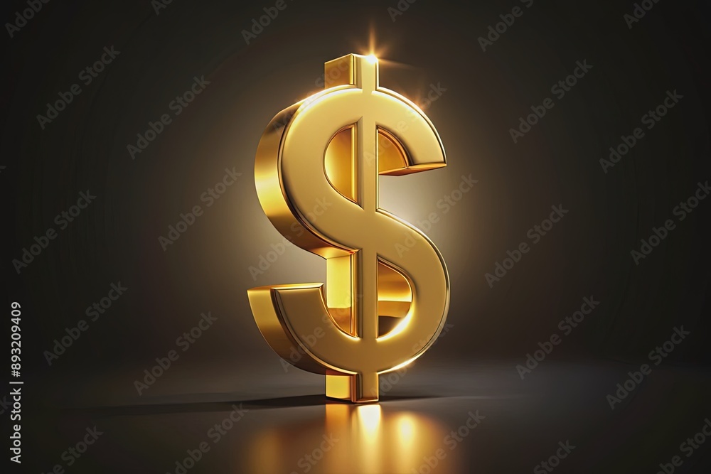Shiny golden three-dimensional dollar symbol isolated on dark background with subtle gradient effect and shrewd shadows, conveying prosperity and financial success concept. Shiny golden three-dimensional dollar symbol isolated on dark background with subtle gradient effect and shrewd shadows, conveying prosperity and financial success concept.