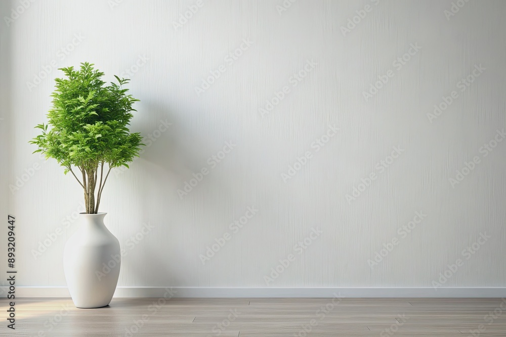 Minimalist interior design concept featuring a sleek white wall adorned with a simple vase holding a lush green plant, exuding calmness and serenity. Minimalist interior design concept featuring a sleek white wall adorned with a simple vase holding a lush green plant, exuding calmness and serenity.