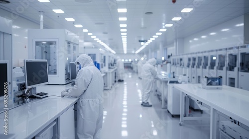 Workers in white cleanroom suits work at workstations in a sterile technology manufacturing facility