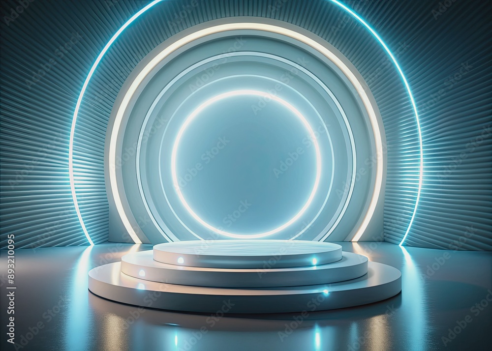 Fototapeta premium Podium background 3D light tech stage future platform game abstract. Podium 3D background technology room product circle glow effect portal stand studio scene white design ring modern display space.