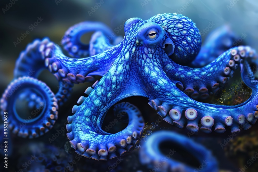 Vibrant blue octopus with intricate patterns on its skin, beautifully curled tentacles, and an underwater background. Vibrant blue octopus with intricate patterns on its skin, beautifully curled tentacles, and an underwater background.