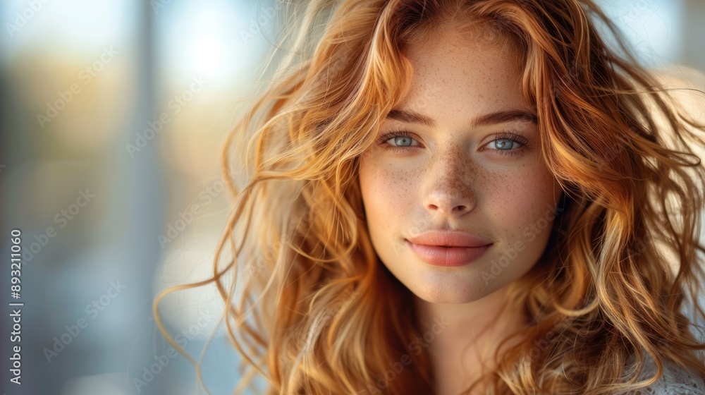A woman with long, curly red hair and blue eyes smiles softly at the camera, looking relaxed and confident A woman with long, curly red hair and blue eyes smiles softly at the camera, looking relaxed and confident