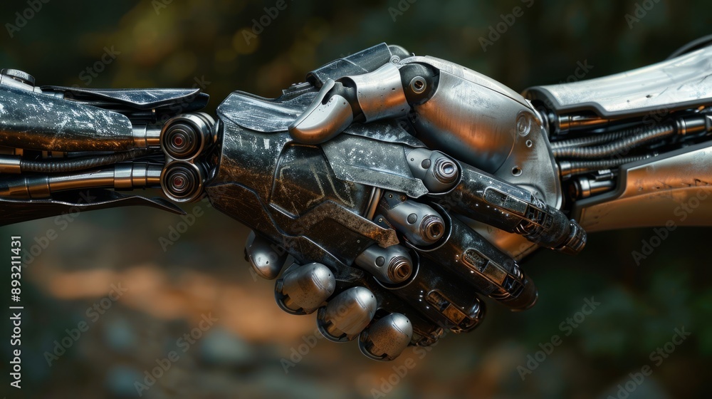 Two robots shaking hands mark a significant moment in the machine uprising, indicating a mutual understanding and agreement between androids. Two robots shaking hands mark a significant moment in the machine uprising, indicating a mutual understanding and agreement between androids.