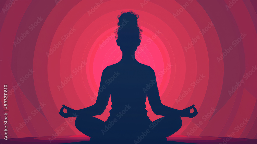 Silhouette of person meditating in lotus pose with red and pink radial background; serene and calming scene promoting mindfulness and tranquility. Silhouette of person meditating in lotus pose with red and pink radial background; serene and calming scene promoting mindfulness and tranquility.