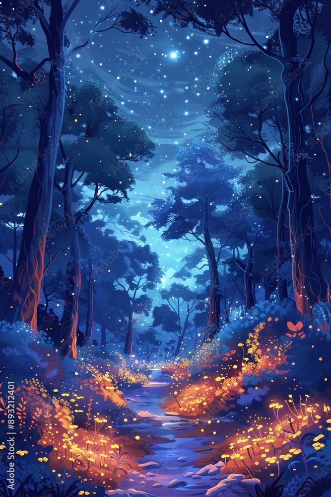 Enchanting forest under a starry night sky, where fireflies illuminate a magical path in this beautiful nature landscape art. Enchanting forest under a starry night sky, where fireflies illuminate a magical path in this beautiful nature landscape art.