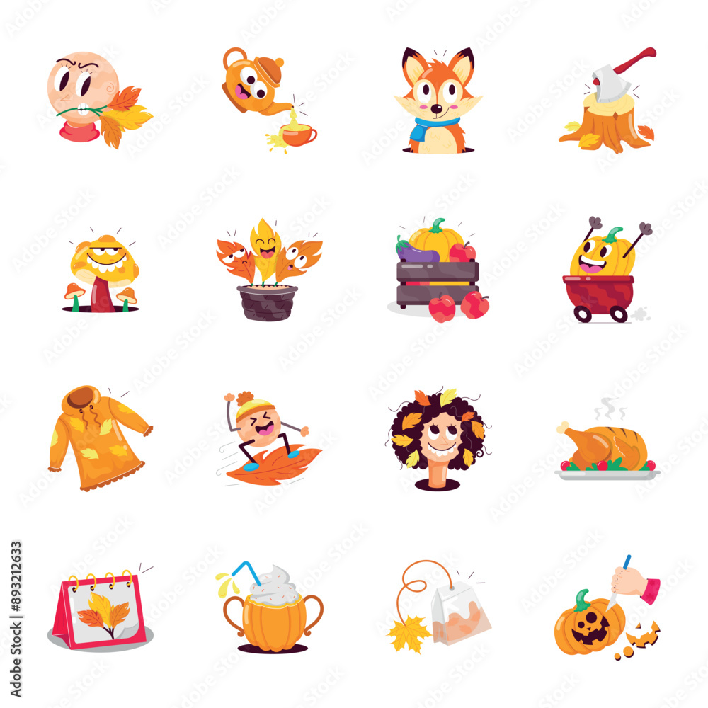 Fototapeta premium WebSet of Cute Fall Season Flat Stickers