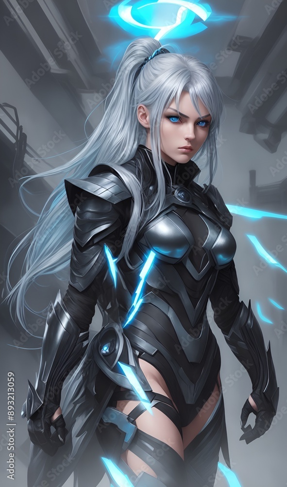 young beautiful woman, with light blue eyes, wild silver and blue hair, wearing a black long coat young beautiful woman, with light blue eyes, wild silver and blue hair, wearing a black long coat