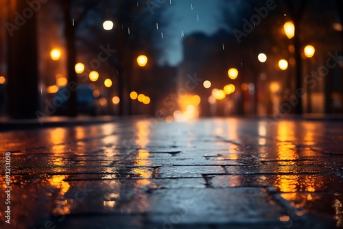 Cobblestone street at night with bokeh lights and rain