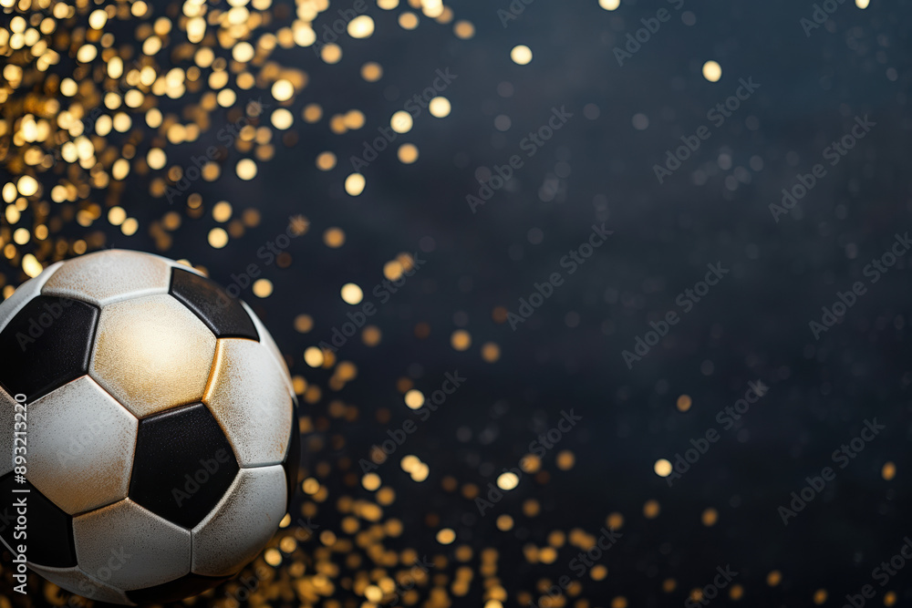 Fototapeta premium A soccer ball against a dark background with golden bokeh lights, capturing the festive and celebratory spirit of the sport.