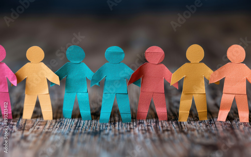 Colorful paper cutout figures holding hands on wooden surface, symbolizing teamwork, unity, collaboration, and diversity. photo