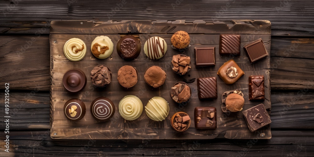 A variety of gourmet chocolates arranged on a rustic wooden board, showcasing different shapes, colors, and textures. A variety of gourmet chocolates arranged on a rustic wooden board, showcasing different shapes, colors, and textures.