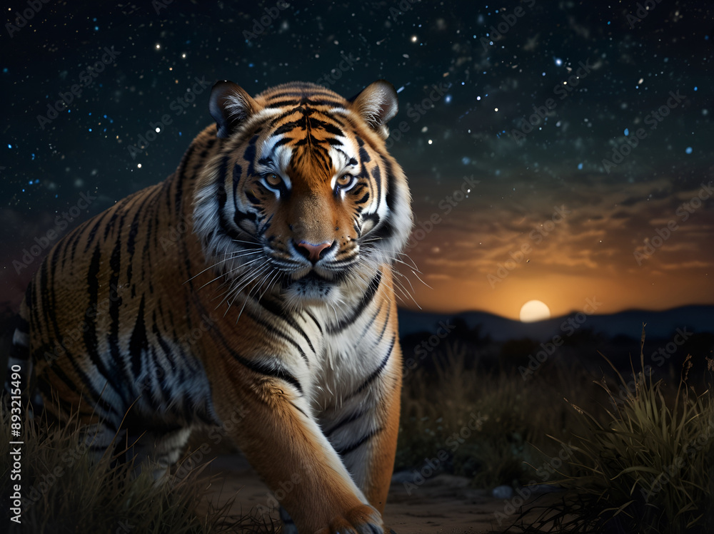 Fototapeta premium A magnificent tiger strolling gracefully under the night sky