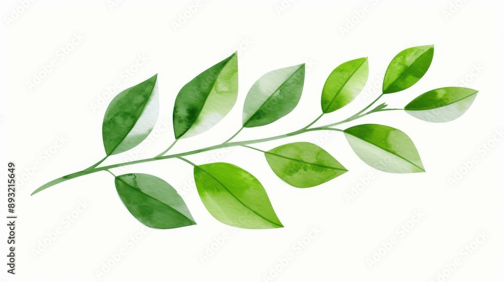 Obraz premium Vivid watercolor art of a lush green plant branch set against a background, showcasing natures elegance.