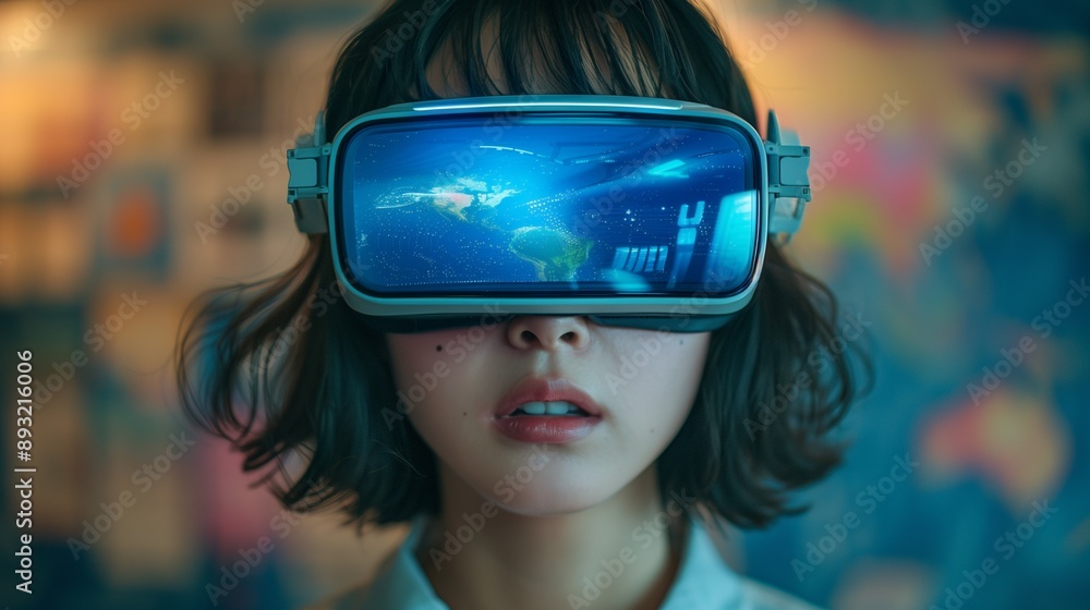 students in a modern classroom wearing a VR glasses students in a modern classroom wearing a VR glasses