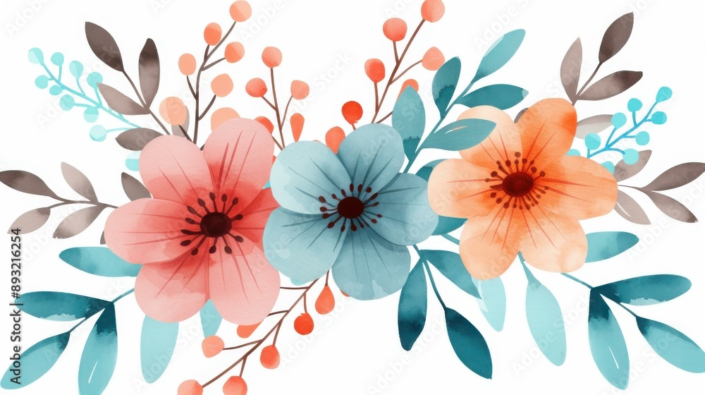 Obraz premium Delicate watercolor floral bouquet in pink and blue, perfect for crafts and digital projects on a clean white backdrop.