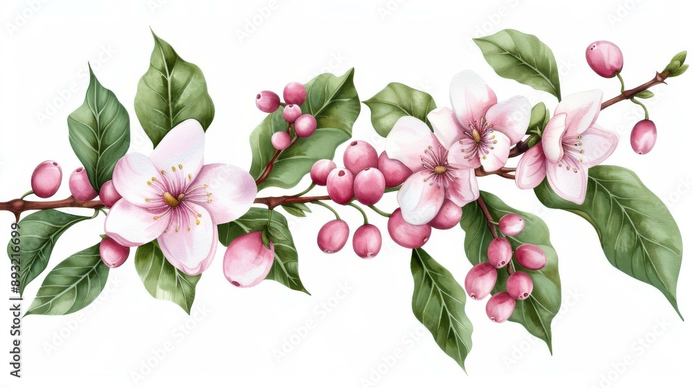 Fototapeta premium Vibrant coffee plant watercolor art, perfect for design projects. Showcase natures beauty with this stunning clipart.