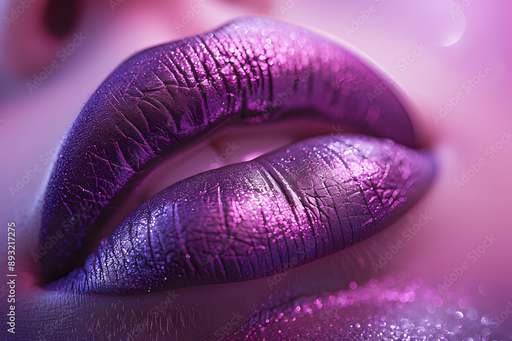 Fototapeta premium Woman applying lipstick on purple lips beautiful glitter. Beauty cosmetics for women. Realistic clipart template pattern. 