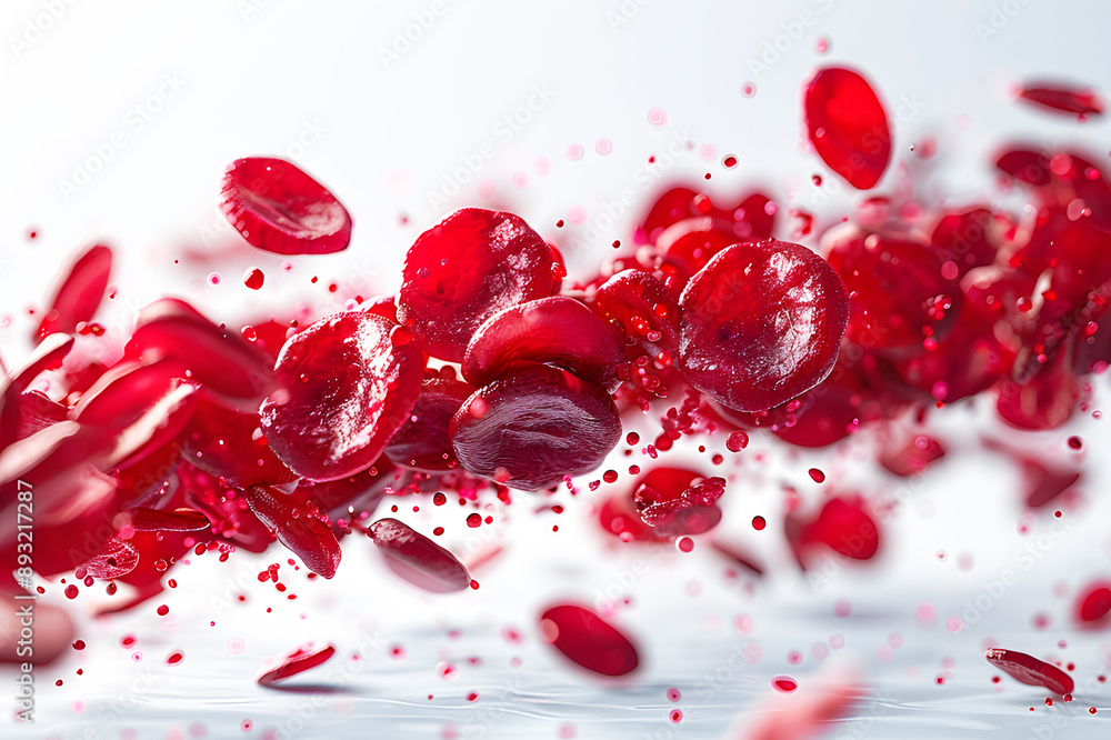 Red blood cells flowing in vessel Erythrocyte medical science on white background. Electron microscope image of human red blood cell. Made up of iron atoms attached to oxygen. Advanced and technology. Red blood cells flowing in vessel Erythrocyte medical science on white background. Electron microscope image of human red blood cell. Made up of iron atoms attached to oxygen. Advanced and technology.