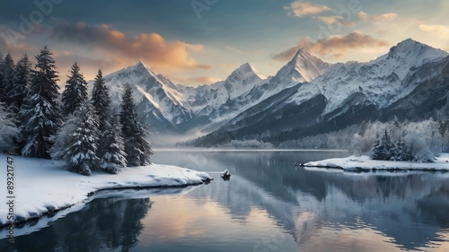 Beautiful scenery with snowcapped mountains and a lake with mountains behind it