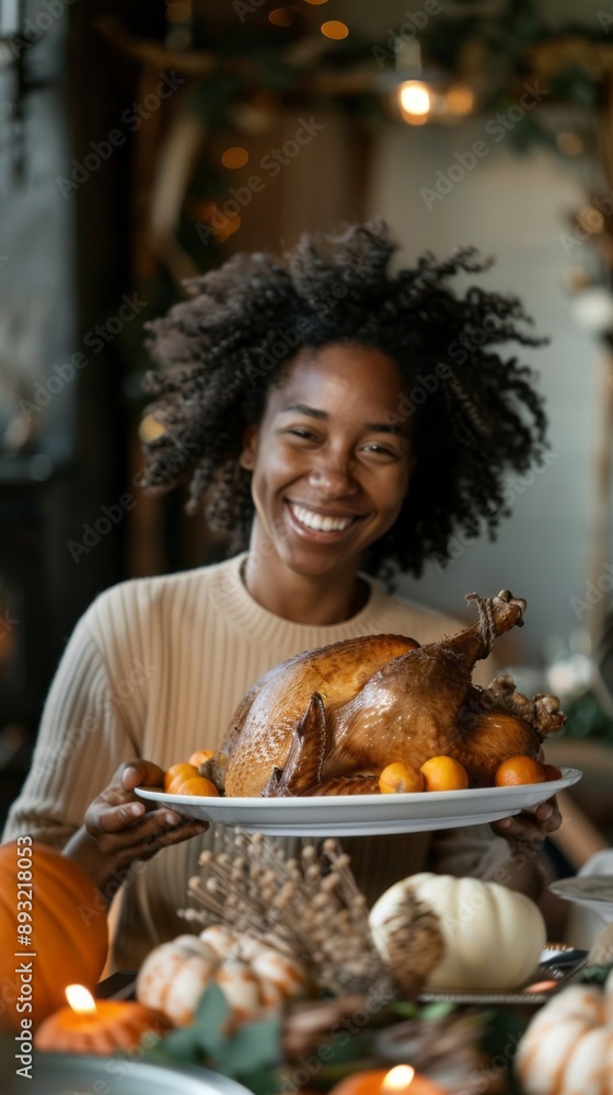 A woman is holding a plate of turkey and smiling A woman is holding a plate of turkey and smiling