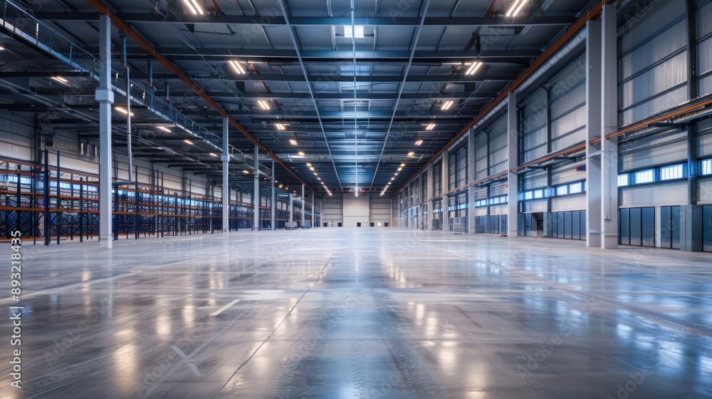 Empty Industrial Warehouse with Bright Lights Empty Industrial Warehouse with Bright Lights