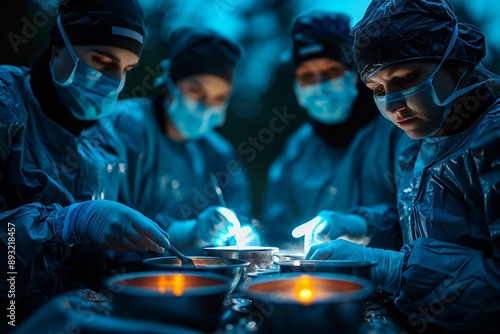 Surgical Team Performing Procedure Under Dim Lighting In An Outdoor Setting photo