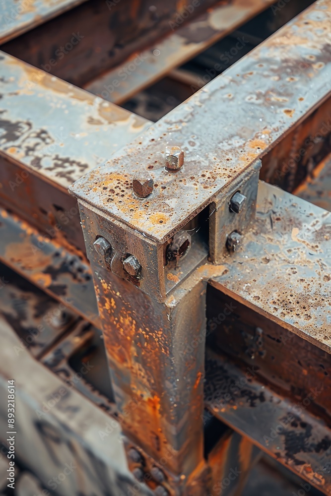 Close-up of steel beams and crossbeams, abstract art installation, rusted metal structure, on street background, Close-up of steel beams and crossbeams, abstract art installation, rusted metal structure, on street background,