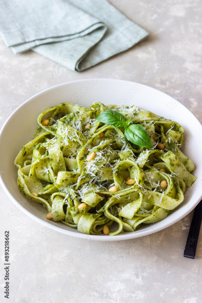 Pasta with pesto sauce. Healthy eating. Vegetarian food. Pasta with pesto sauce. Healthy eating. Vegetarian food.