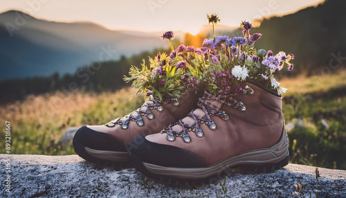 wander-, Schuhe, stiefel, mit, blumen, gefüllt, wanderung, pause, neu, berge, Panorama, himmel, landschaft, copyspace, close up, makro, design, lifestyle, hobby, reisen, aufstieg, aussicht, Ankunft,  photo