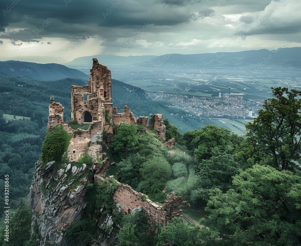 Photo of the ruins of la Hune, an old medieval castle on top of a high mountain in the Al Verydrisseur Valley near Colmar and Schmirach, surrounded by a beautiful landscape with a forest around it ove Photo of the ruins of la Hune, an old medieval castle on top of a high mountain in the Al Verydrisseur Valley near Colmar and Schmirach, surrounded by a beautiful landscape with a forest around it ove