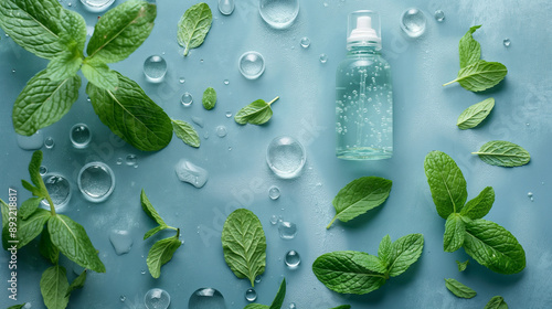 water drops on green leaf and serum bottle.