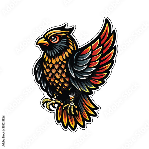 A stylized bird with orange and black feathers, sharp talons, and a detailed eye.