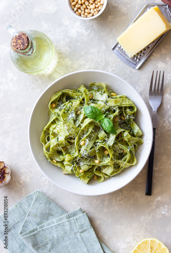 Pasta with pesto sauce. Healthy eating. Vegetarian food. photo