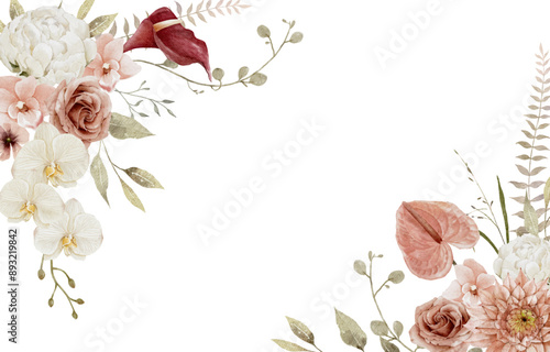 Watercolor rustic autumn floral background with combining antique shades of dahlias, orchid and roses with delicate white and burgundy flower accents