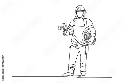 Firefighters with firefighting equipment concept. Single line draw design vector graphic illustration.