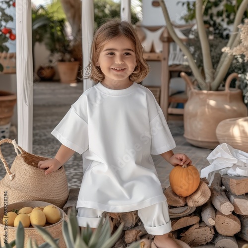 Little girl wearing a white...