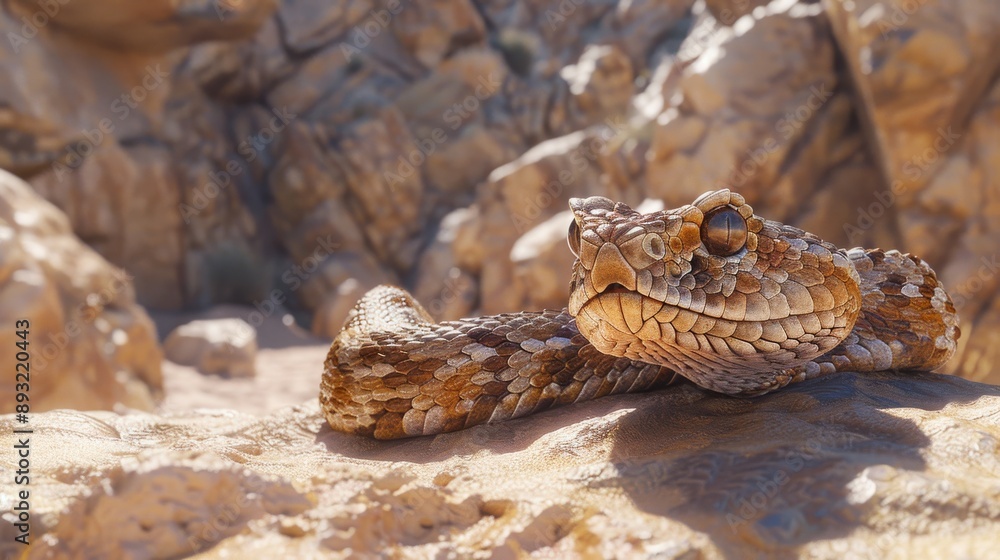 A Large Snake Laying on the Ground in Front of a Rocky Outcropping - Generative AI A Large Snake Laying on the Ground in Front of a Rocky Outcropping - Generative AI