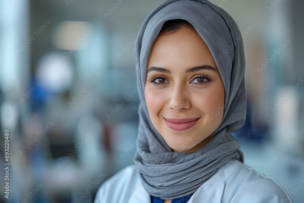 Portrait of a Smiling Woman in a Gray Hijab and White Lab Coat Portrait of a Smiling Woman in a Gray Hijab and White Lab Coat
