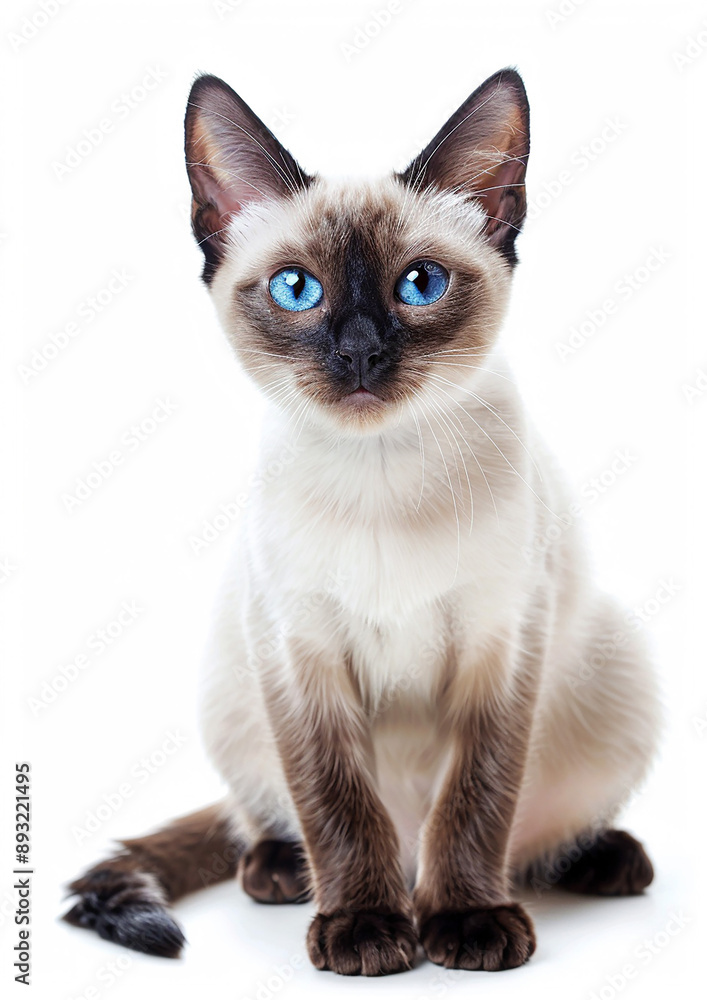 Purring Siamese cat, white background, International Cat Day, beautiful blue eyes, calm demeanor,