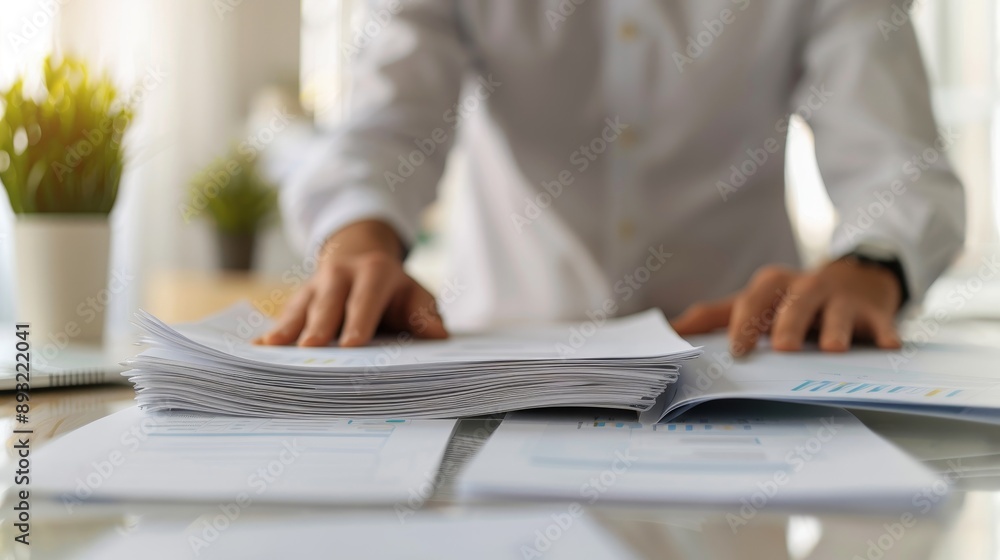 Fototapeta premium close-up of hands sorting through a stack of documents on a white desk in an office setting.