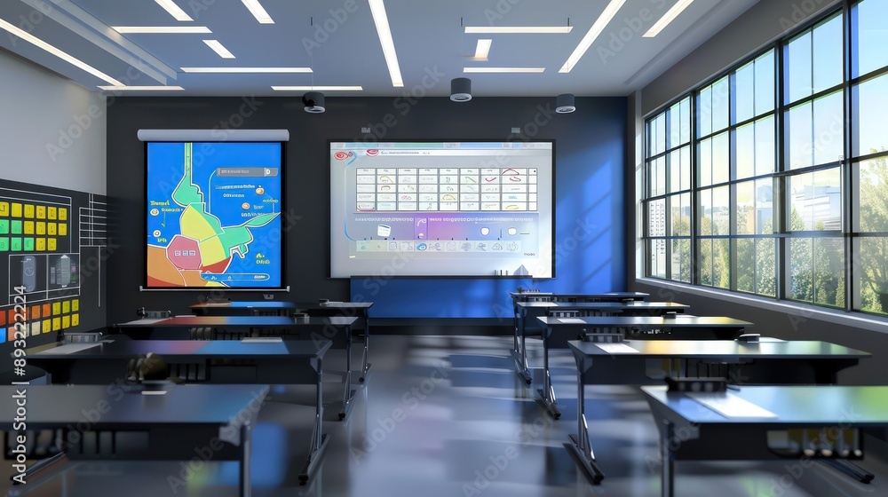 Contemporary classroom design with sleek black desks and a large interactive whiteboard Contemporary classroom design with sleek black desks and a large interactive whiteboard