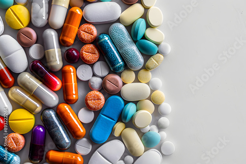 Assorted pharmaceutical medicine pills, tablets and capsules.Pills background.