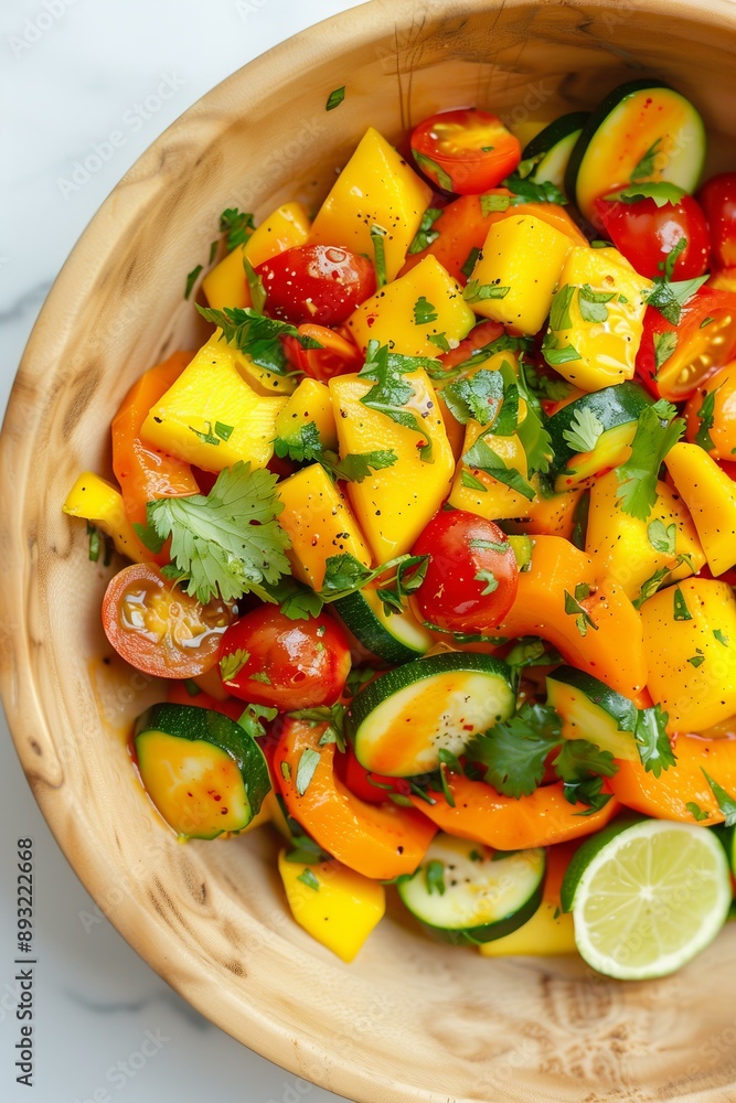 refreshing Thai mango and vegetable salad in a light wooden bowl refreshing Thai mango and vegetable salad in a light wooden bowl