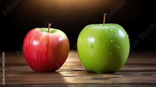 A close up shot showcases a vibrant green apple and a pink one tightly wrapped with tape on a rustic wooden table background This image embodies the themes of healthy eating dieting healthca   photo