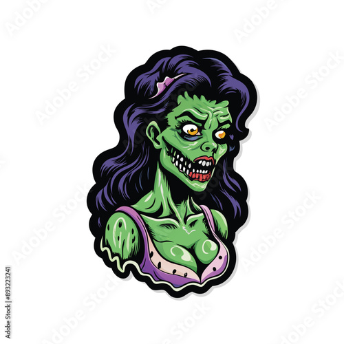 Create a sticker of a zombie woman for Halloween. She has long, dark hair and green skin. She is wearing a purple dress. The sticker should be in a cartoon style.